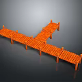 Orange Cross Shaped Wooden Walkway With Support Posts And Wooden Planks