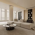 Modern Minimalist Living Room With Light Sofa Round Coffee Table And Large Windows With Blinds