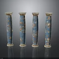 Four Blue And Gold Decorative Columns With White Base Top And Intricate Patterns Displayed Together