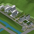 Modern Building Complex with Green Roofs Surrounded by Trees and River 3d model