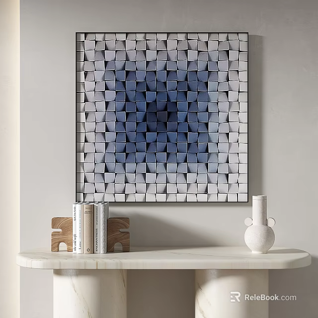 Abstract Geometric Painting With Blue Gray Cubes And Books On Marble Table 3d model 