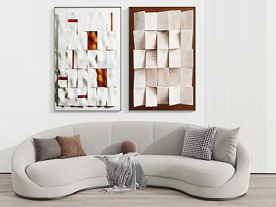 Irregular Shaped Living Room Sofa With Cushions Blanket And Artworks 3d model