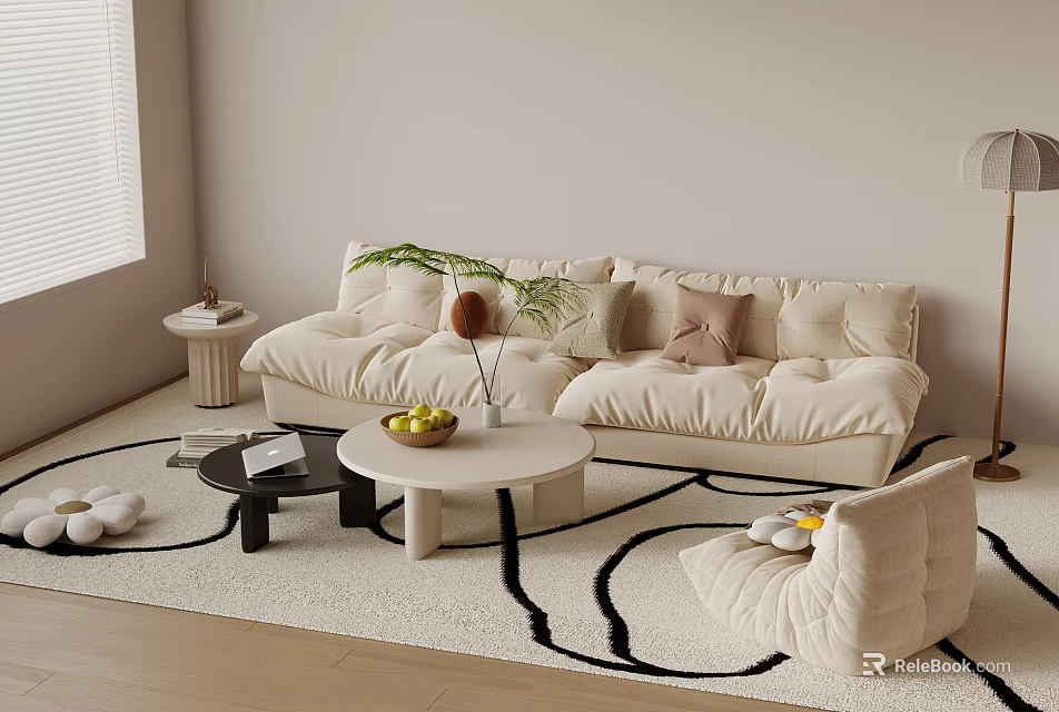 Soft Beige Sofa Coffee Table Combination with Cushions Plants Fruits in Modern Living Room Interior 3d model 