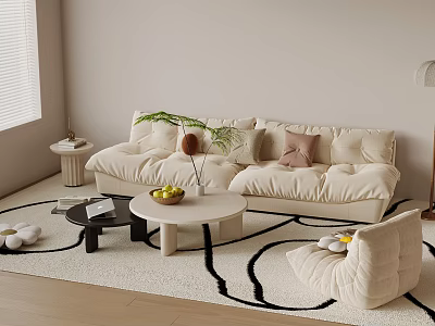 Soft Beige Sofa Coffee Table Combination with Cushions Plants Fruits in Modern Living Room Interior 3d model
