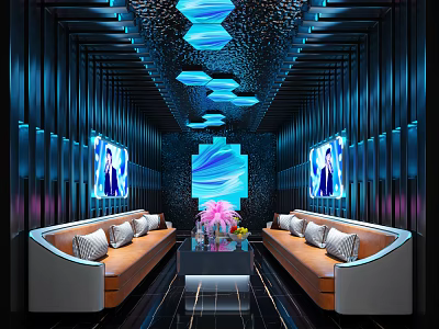 Luxury KTV Interior Design With Blue Lighting Comfortable Sofa Coffee Table And TV Screens 3d model