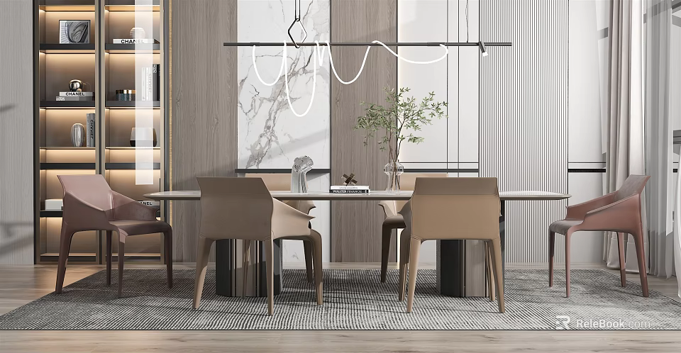 Modern Dining Table Set With Chairs Marble Wall And Hanging Pendant Lights 3d model