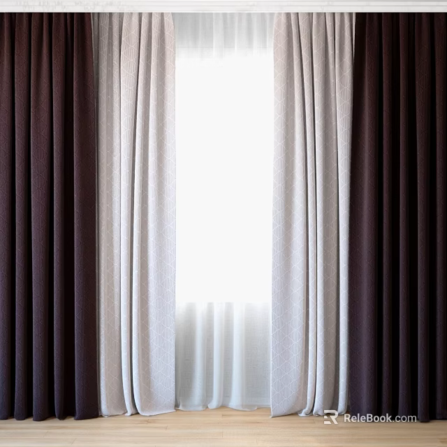 Brown And Beige Curtains With Sheer Layers For Window Natural Light 3d model 