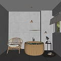 Relaxing SPA Sauna Interior With Wooden Bathtub Rattan Chair Gray Tiled Walls And Natural Light