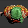 3D Anime Character Model With Green Hair Red Top White Dress And Green Pants