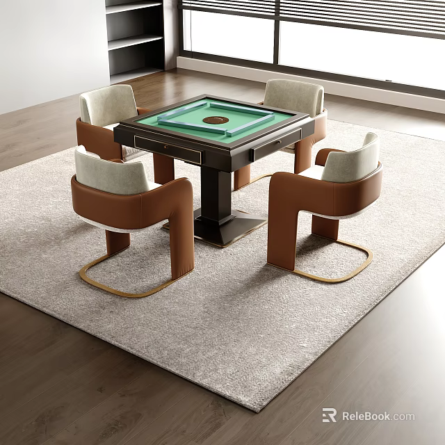 Modern Entertainment Table With Green Felt Top And Four Leather Chairs On Gray Rug 3d model 