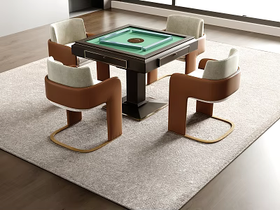 Modern Entertainment Table With Green Felt Top And Four Leather Chairs On Gray Rug 3d model