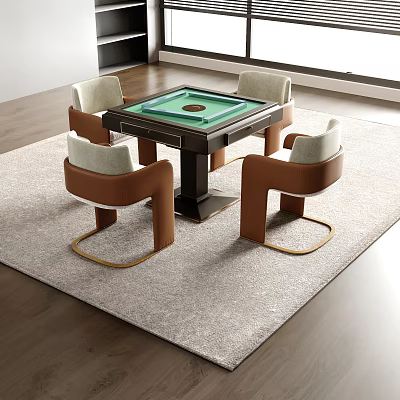 Modern Entertainment Table With Green Felt Top And Four Leather Chairs On Gray Rug 3d model