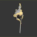 Man in Gold and Silver Armor Wielding Long Sword in Battle Stance with Reflective Surface