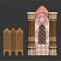 Traditional Islamic Inspired Decorative Furniture Set With Carved Wooden Screen And Patterned Columns