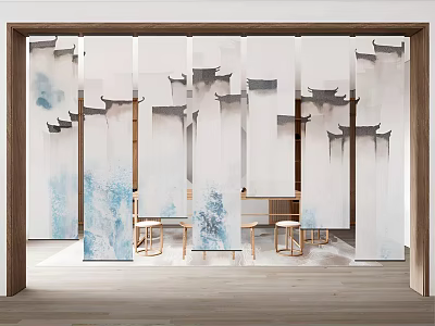 Chinese Ink Style Screen With Huizhou Architecture Elements In Interior Space 3d model