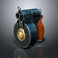 Vintage Revolver Featuring Black Body Wooden Grip And Gold Emblem Cylinder