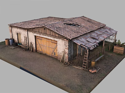 Rustic Old Barn With Weathered Holed Roof Wooden Doors And Farm Tools Around 3d model