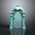 Turquoise Ornate Carved Door With Arched Top Decorative Patterns And Reflection On Shiny Surface