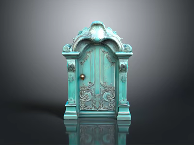 Turquoise Ornate Carved Door With Arched Top Decorative Patterns And Reflection On Shiny Surface 3d model