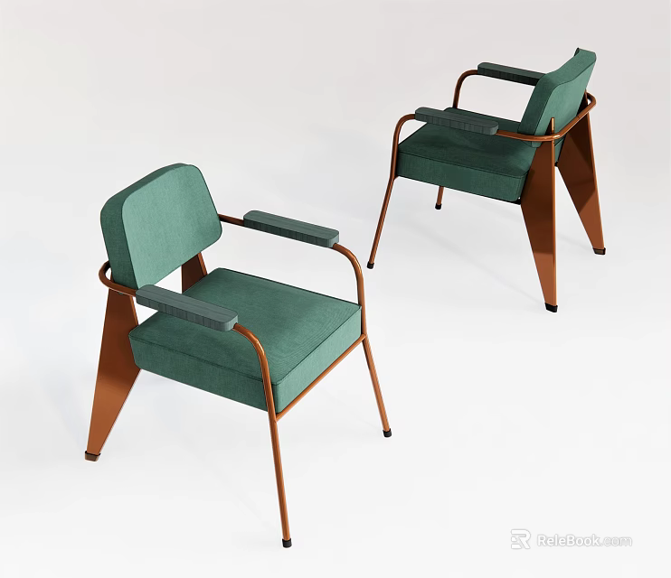 Two Modern Green Upholstered Leisure Chairs With Metal Frame And Armrests 3d model 