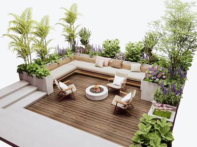 Outdoor Sofa Seating Area With Wooden Deck Lush Green Plants Fire Pit And Accent Chairs 3d model