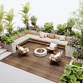 Outdoor Sofa Seating Area With Wooden Deck Lush Green Plants Fire Pit And Accent Chairs