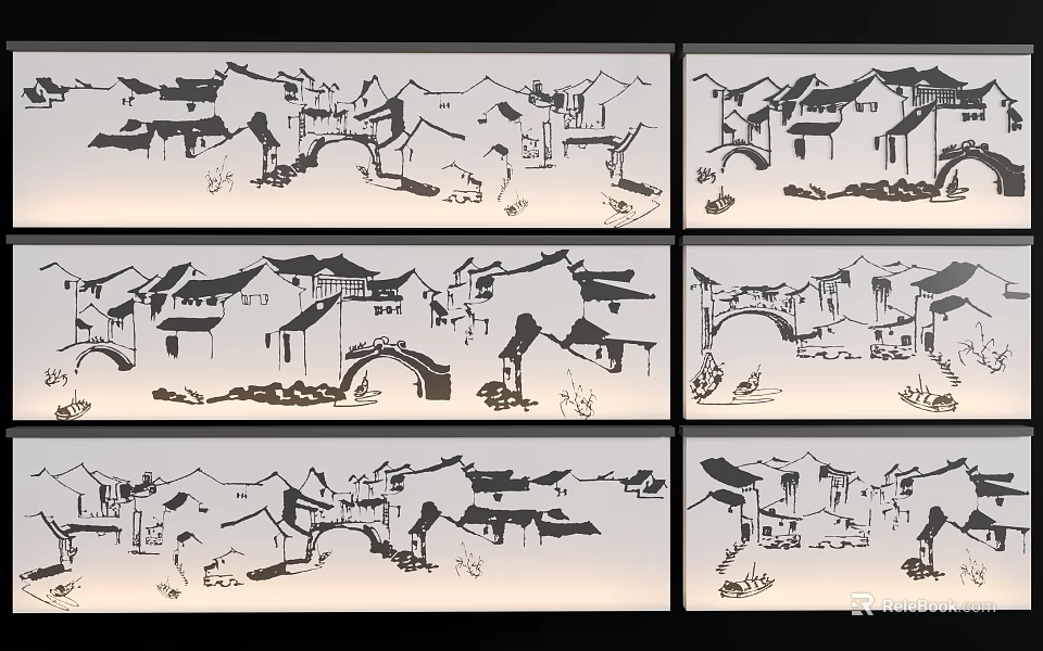 Ink Painting Style Jiangnan Water Town Architecture With Small Bridges Boats And Flowing Water 3d model 