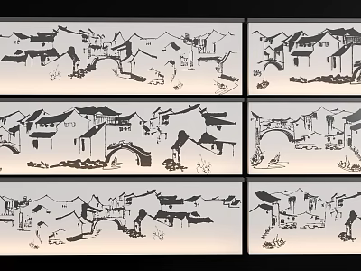 Ink Painting Style Jiangnan Water Town Architecture With Small Bridges Boats And Flowing Water 3d model