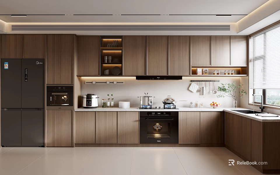 Modern Kitchen Interior With Wooden Cabinets White Countertop Black Refrigerator Oven And Appliances 3d model 