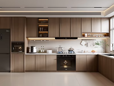 Modern Kitchen Interior With Wooden Cabinets White Countertop Black Refrigerator Oven And Appliances 3d model