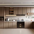 Modern Kitchen Interior With Wooden Cabinets White Countertop Black Refrigerator Oven And Appliances