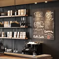Modern Café Interior Design With Wooden Counter Coffee Machines Chalkboard Menu And Hanging Lights