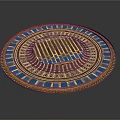 Decorative Circular Plate With Golden Border Blue Accents And Geometric Patterns