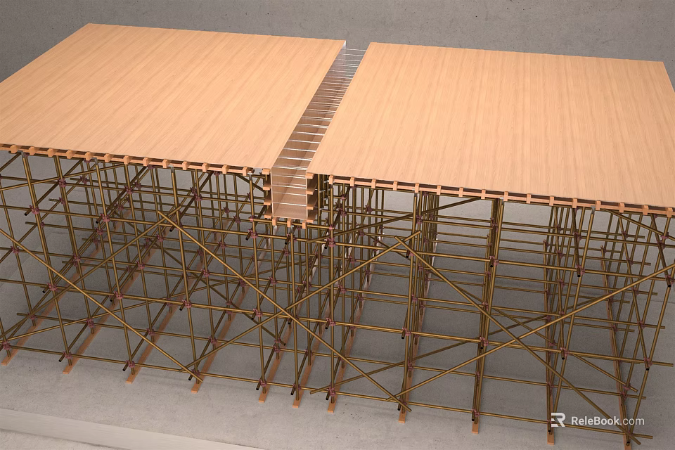 Sturdy Construction Scaffolding Supporting Wooden Platform With Metal Frames And Planks 3d model 