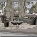Modern Elegant Living Room With Marble Walls Sofa Coffee Table Round Rug And Throw Pillows