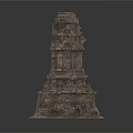 Ancient Multi Tiered Stone Tower With Carved Details And Small Plant