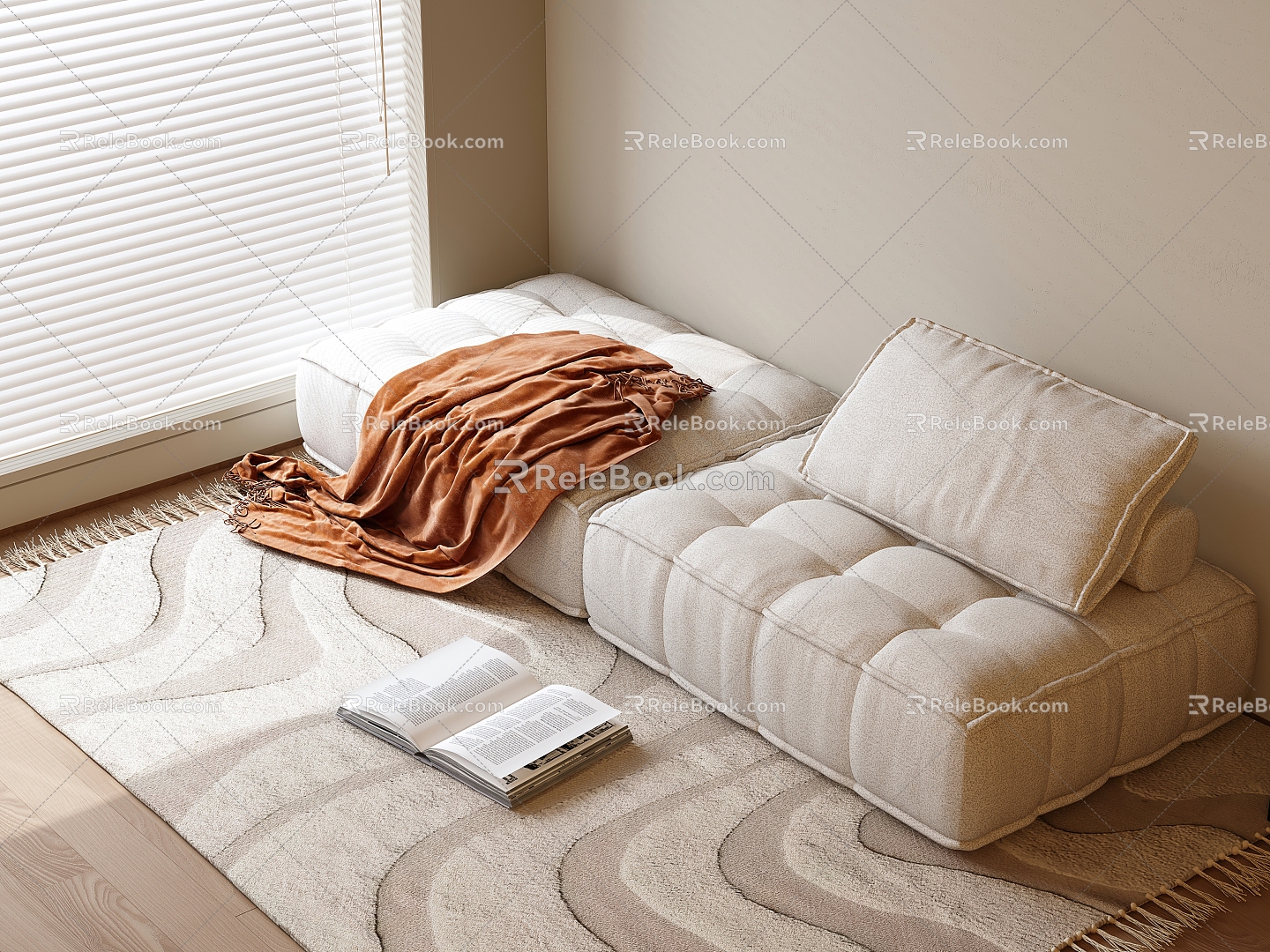 Modern Double Sofa Double Casual Sofa Carpet Book Blanket 3d model