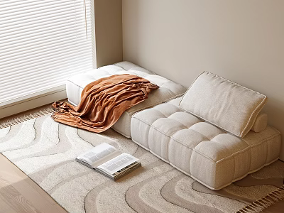 Beige Two Seater Sofa with Orange Blanket Open Book and Patterned Rug by Window 3d model