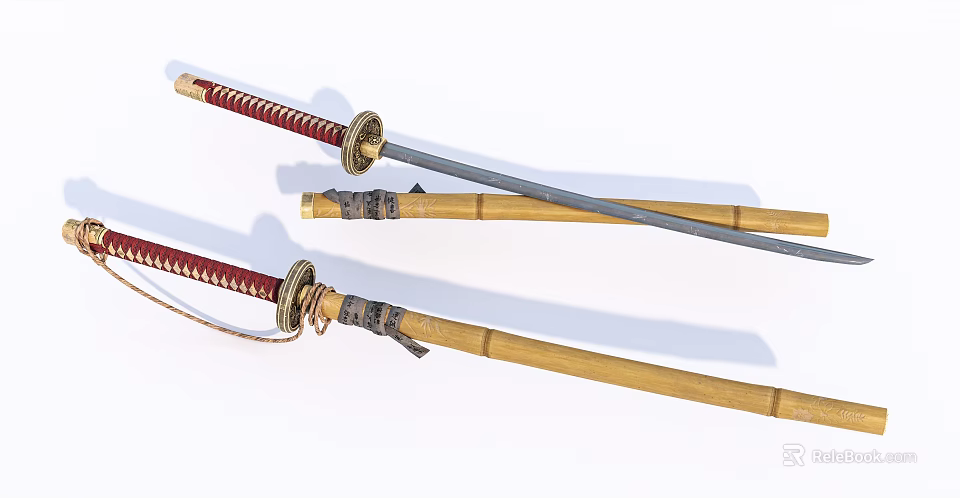 Traditional Japanese Katana Swords With Wooden Sheath And Ornate Hilt Design 3d model 