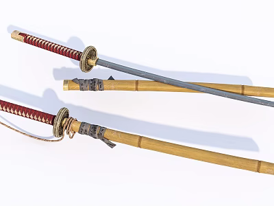 Traditional Japanese Katana Swords With Wooden Sheath And Ornate Hilt Design 3d model