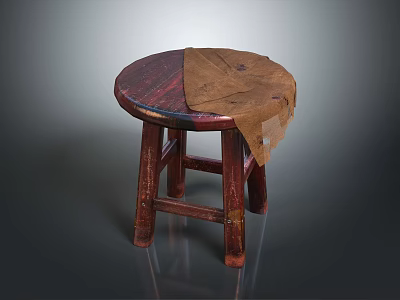 Rustic Wooden Stool With Round Seat Four Legs And Red Brown Design 3d model