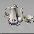 White Ceramic Tea Set With Blue Red Floral Patterns And Yellow Rim Teacups