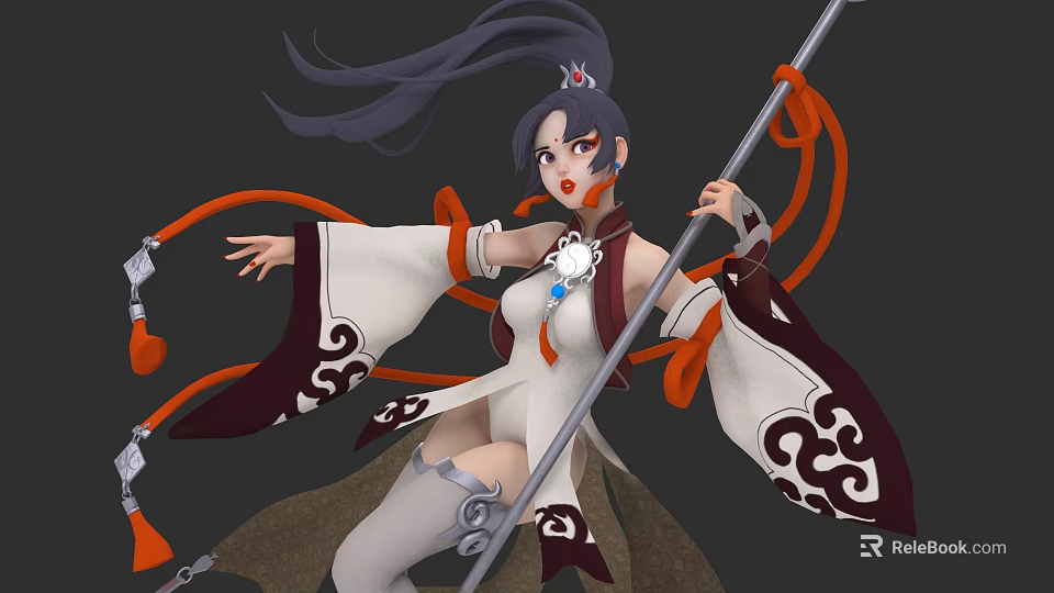 Woman in White and Red Traditional Attire Holding Long Staff with Flowing Ribbons 3d model 