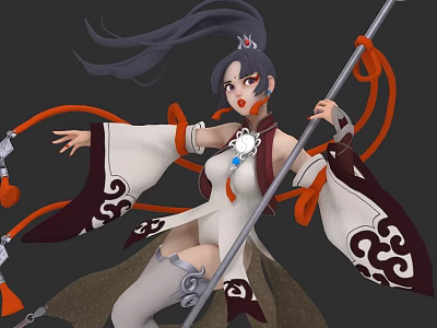 Woman in White and Red Traditional Attire Holding Long Staff with Flowing Ribbons 3d model