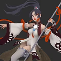 Woman in White and Red Traditional Attire Holding Long Staff with Flowing Ribbons