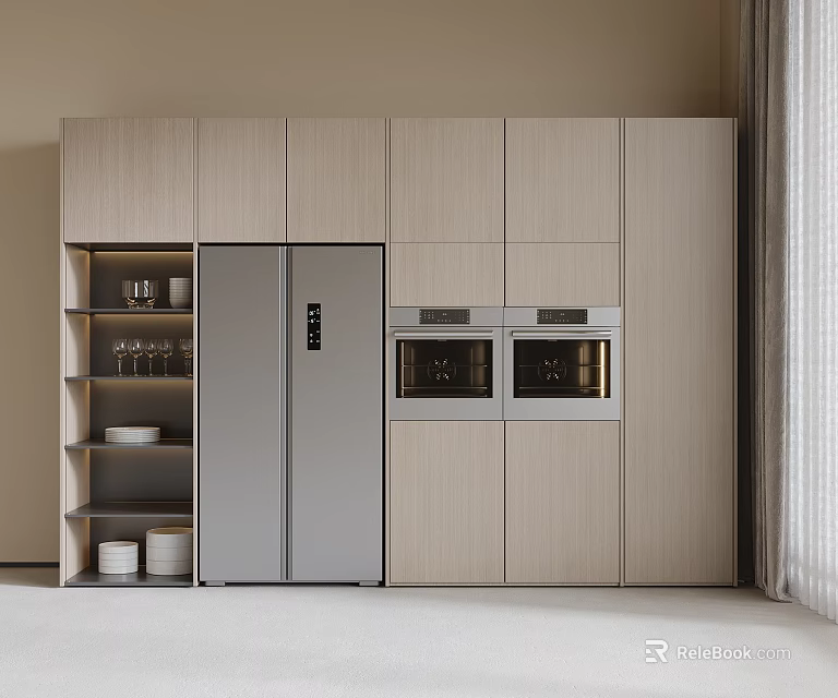Modern Kitchen With Light Wood Cabinets Double Door Refrigerator Built-in Ovens And Open Shelves Storage 3d model 