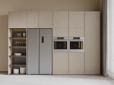 Modern Kitchen With Light Wood Cabinets Double Door Refrigerator Built-in Ovens And Open Shelves Storage 3d model