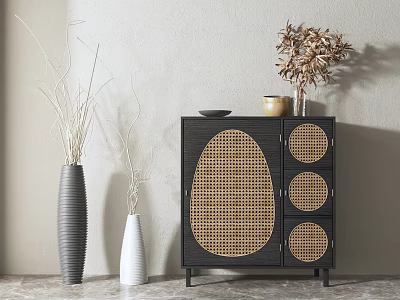Modern Black Sideboard with Round Woven Panels and Decorative Plants Clay Pot 3d model