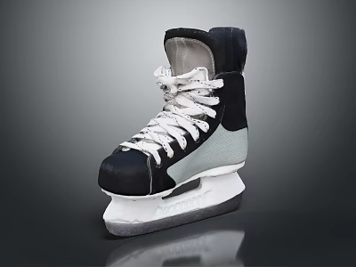 High Top Black And White Ice Skates With White Laces And Blade 3d model