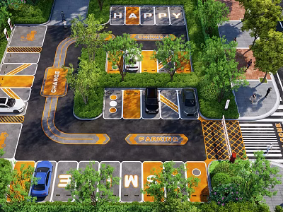 Well Designed Parking Lot With Clear Driveway Marked Spaces Green Plants And Parked Cars 3d model